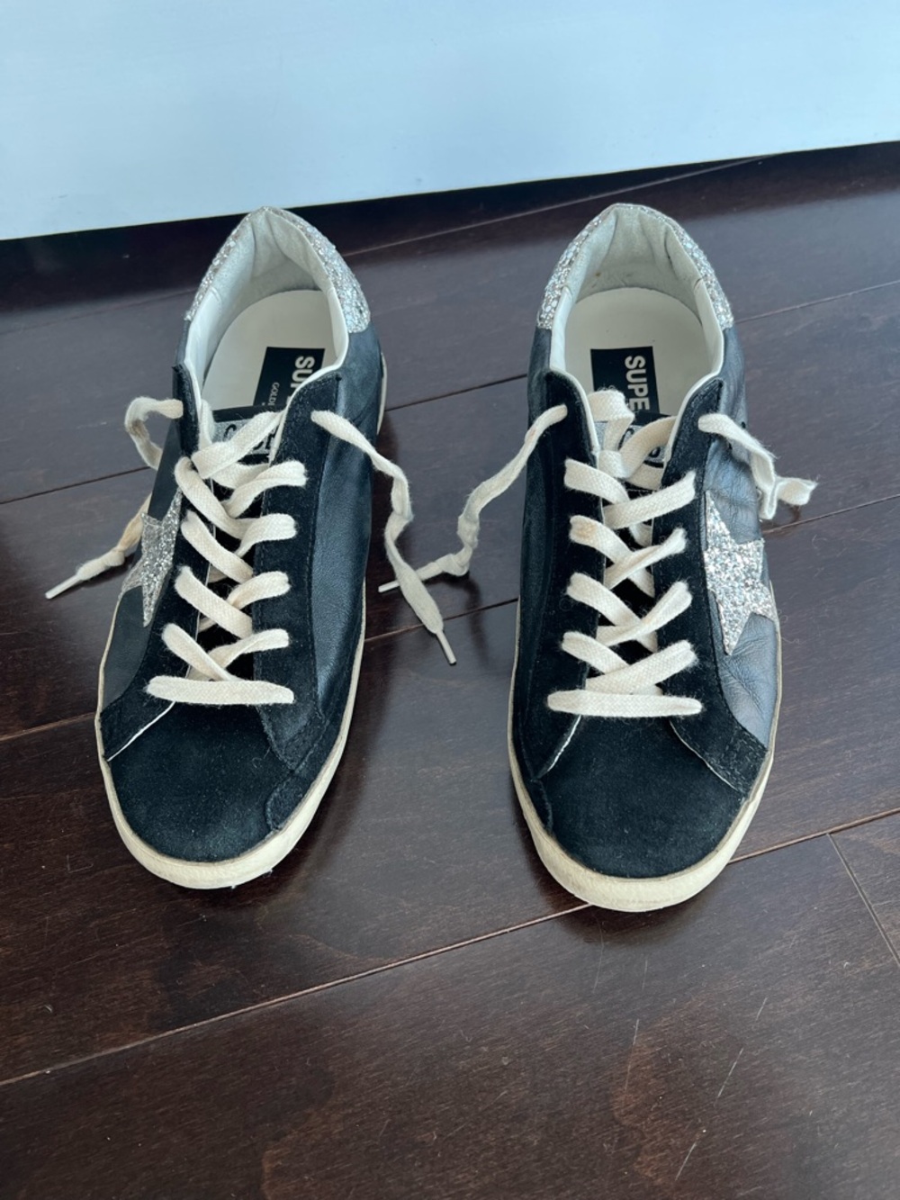 Golden Goose Black Leather & Suede Sneakers with Silver Glitter Details - Picture 9 of 11